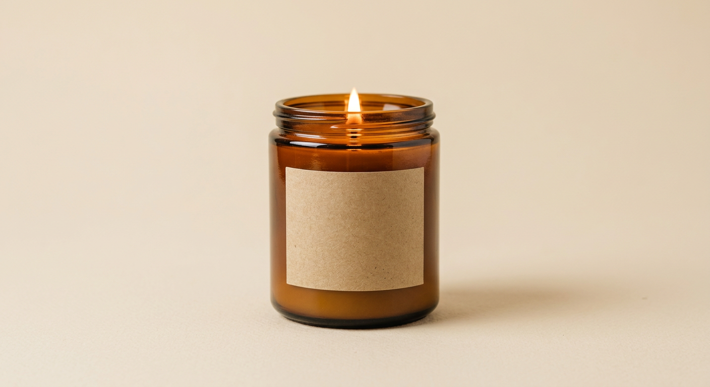An amber glass candle with a blank kraft-paper label, lit and centered on a warm cream background