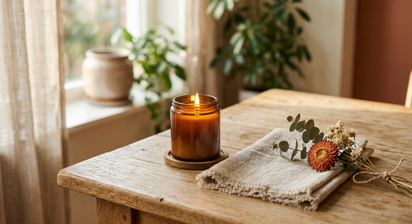 Sample scene shot: the same candle lit on a wooden table beside dried flowers and a linen napkin near a window